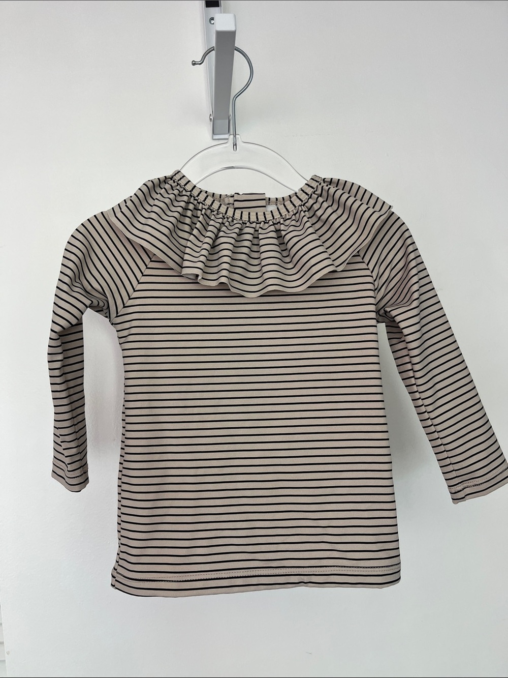 Girls' Striped Ruffle Neck Swim Rashguard - White & Black